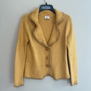 Lacoste Hungarian Fray Fringe Linen Cotton Vintage Cardigan, Mustard Yellow, M